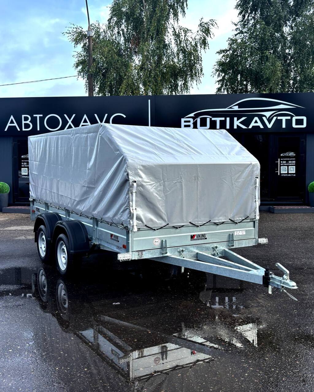 Прицеп для автомобиля Викинг 1535 X2 (2 оси) борт 290мм с тентом с каркасом 1000мм